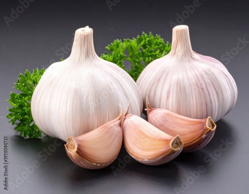 Fresh Garlic Bulbs and Cloves with Parsley on Dark Background.