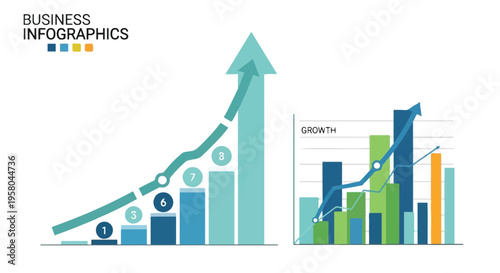 A 3d vector illustration showing a financial business bar chart and growth graph with an arrow moving up to represent market data progress and economic profit success in a sales report