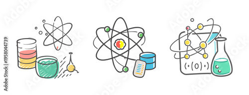 Doodle icons representing data science, chemistry, and atomic structure.