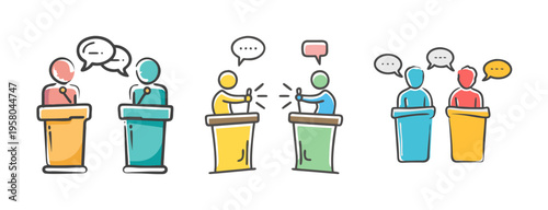Doodle icons depicting a debate, discussion, and public speaking.