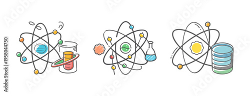 Doodle icons illustrating data science, atomic structure, and chemical experiments.