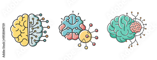 Vector icons representing deep learning and artificial intelligence with brain.