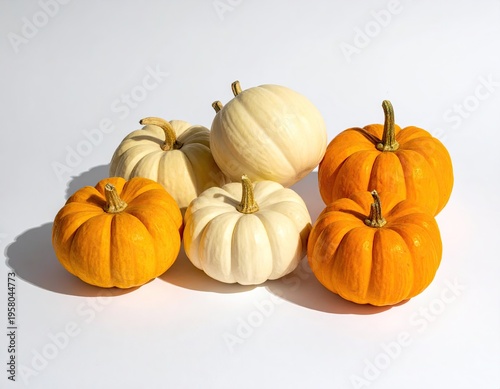 Small orange and white pumpkins on a white background, perfect for autumn and Halloween designs.