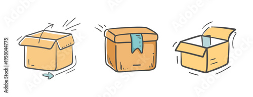Hand-drawn icons of delivery boxes, showing open, closed, and sealed packages.