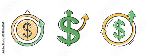 Dollar sign icons with upward arrows indicating financial growth and positive trends.