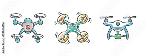 Three hand-drawn drone icons with propellers, symbolizing technology and aerial devices.