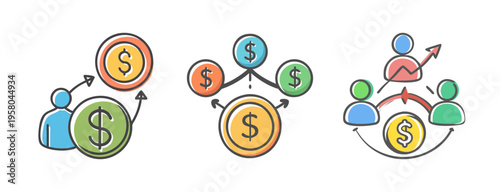 Economic equity icons showing money distribution and people growth.