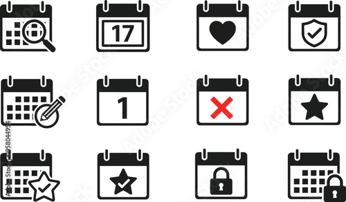 A collection of twelve minimalist black and white calendar icons representing various date functions
