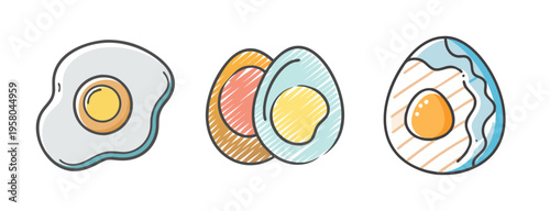 Doodle icons of fried egg, boiled eggs, and sliced egg for breakfast