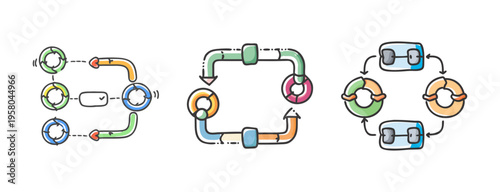 Continuous integration and continuous delivery pipeline icons for software development.