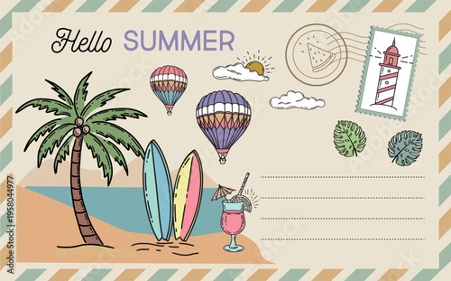 Hello Summer Postcard Illustration with Beach and Travel Elements	
