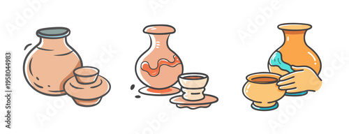 Handmade clay pottery vases and jars, artistic craft, traditional ceramic creation