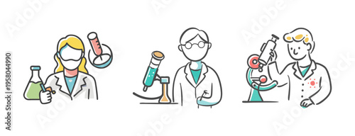 Scientists in lab coats with microscopes and test tubes conducting research.