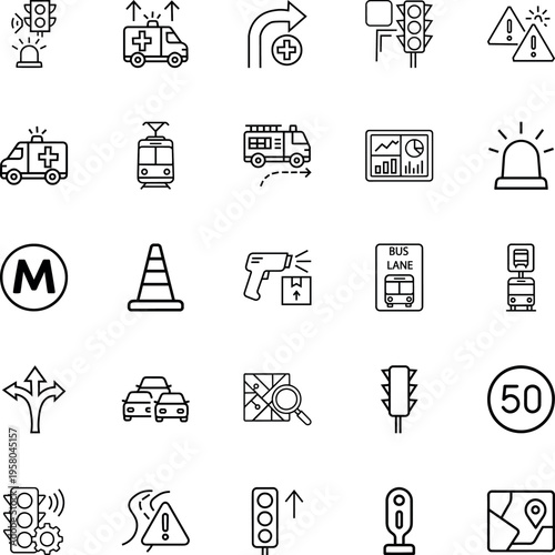Traffic transportation road line icon set ambulance traffic light bus car map