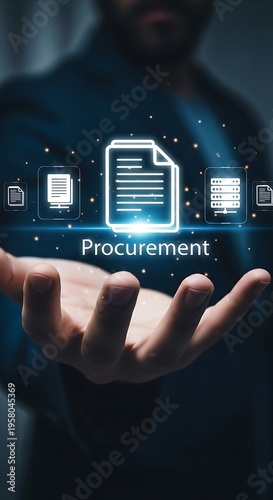 Hands holding glowing procurement with documents and database