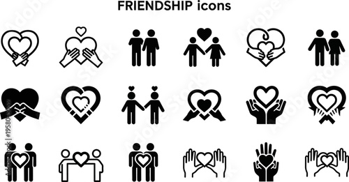 Collection of black friendship icons on a white background