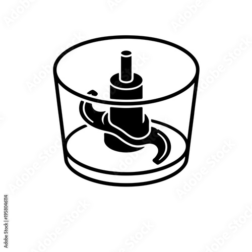 icon of a food processor featuring the iconic S-shaped chopping blade. High-contrast symbol highlighting food preparation, chopping technology, and industrial kitchen appliances
