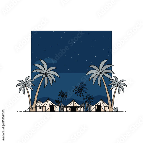 Desert Oasis Camp Under Starry Night Sky.