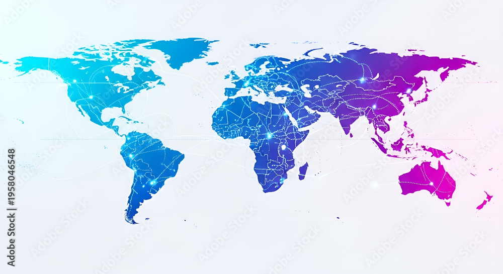 Fototapeta premium Global network world map digital connections and vibrant gradient