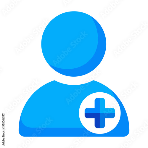 Blue user profile icon with a plus symbol, representing the addition of a new contact, friend, or member to a digital platform, social network, or online community