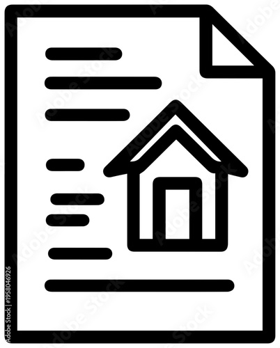 Simple black line art icon of a loan assumption transaction with a house on a document