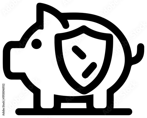 Simple black line art icon of emergency fund piggy bank with shield for financial security and savings protection