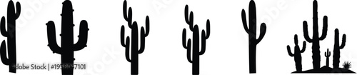 Black Cactus Silhouettes, Diverse Shapes and Sizes, isolated on white background, desert plant icons, botanical collection, minimalist vector illustrations, ideal for wallpaper, wrapping paper