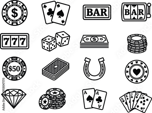 Comprehensive casino and gambling icon set featuring minimalist line art of poker chips, playing cards, slot machines, dice, diamonds, and lucky horseshoe for gaming designs.