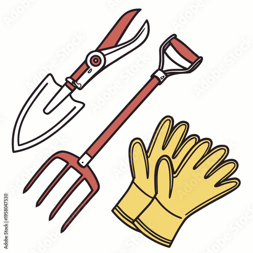 A garden glove with a fork and trowel