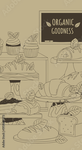 Delicious baked goods and pastries displayed on shelves with a chalkboard sign that says Organic Goodness