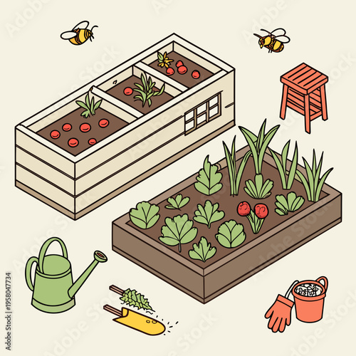 A garden with raised beds and gardening tools
