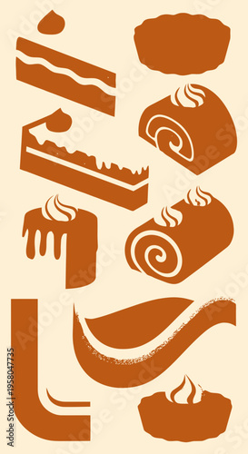 Collection of Various Cakes and Pastries Artfully Rendered in a Whimsical Silhouette Style