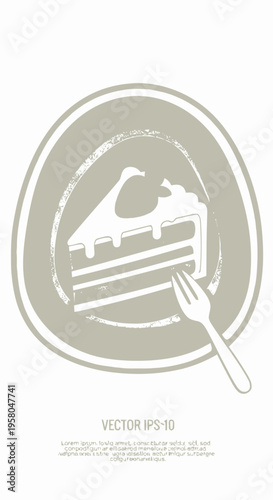 Elegant Culinary Art A Stylized Vector Illustration of a Delicious Cake Slice Presented on a Textured Plate with a Fork, Perfect for Sweet Dessert Themes