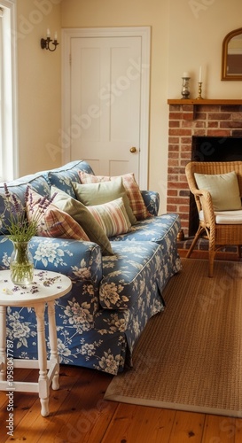 Cozy Blue Floral Sofa in a Rustic Living Room with Fireplace