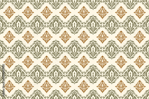 Seamless vintage damask pattern featuring elegant ornamental floral motifs in muted green and warm brown tones on a soft beige background. This classic repeating design combines natural color harmony