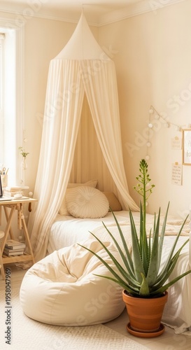 Cozy Bohemian Bedroom Oasis With Canopy And Aloe Plant