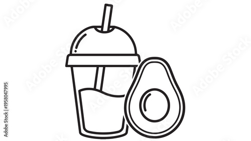 Cup with straw and half avocado icon with clean lines representing healthy drinks and ingredients. featuring drink, smoothie, juice with food and