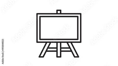 Easel icon with a blank canvas for displaying art or information, simple black outline. featuring drawing, painting, exhibition with display and