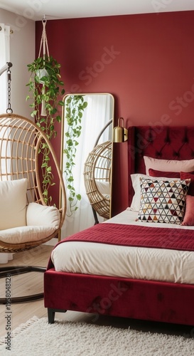 Cozy Bohemian Bedroom Retreat With Rattan Swing Chair