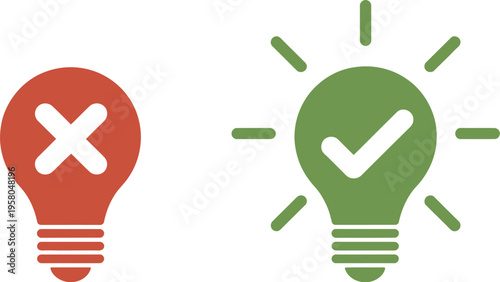 Bulb icon with check mark and cross symbols representing idea approval, rejection concept and decision making illustration