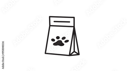 Bag of pet food with a paw print icon in a simple black and white outline style. featuring kibble, packaging, animal care with nutrition and symbol