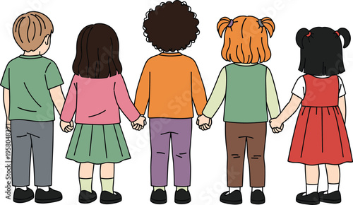 Diverse Cartoon Kids Holding Hands from Behind, Friendship and Unity in Childhood, Fun Playtime Illustration