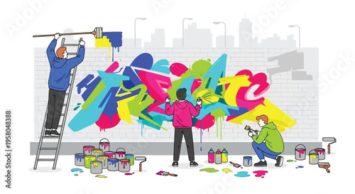 Graffiti artists creating vibrant street art mural.