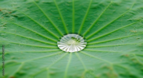 Water droplet on a vibrant green lotus leaf, close-up.