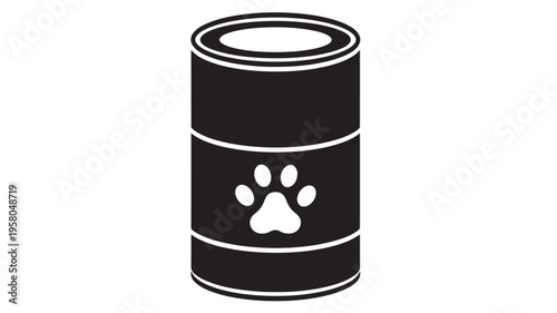 Can pet food icon with paw print symbol, black silhouette on white background, simple design concept.