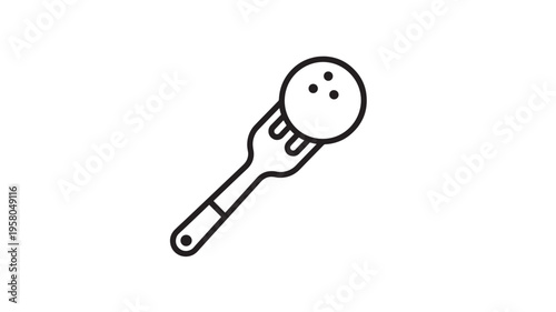 Fork with a bowling ball icon featuring three finger holes, representing food or sport featuring symbol, game, strike with spare and pins elements
