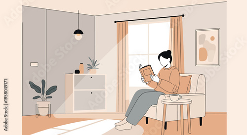 Serene illustration of a woman relaxing comfortably on a sofa, engrossed in a book, enjoying a quiet afternoon in her stylish, sunlit home interior