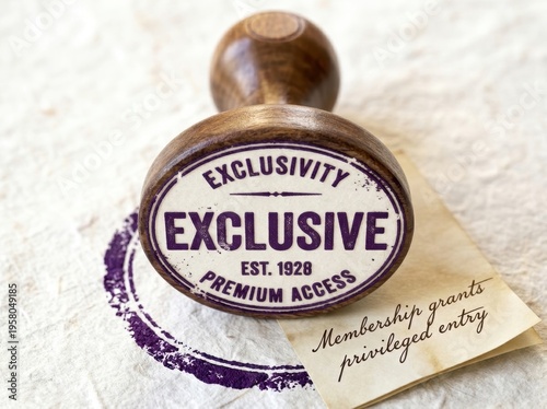 Antique wooden stamp with 'Exclusive Premium Access' text pressed onto paper