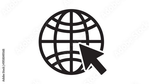 Globe and cursor icon with black lines representing the world and internet navigation. featuring pointer, symbol, web with online and connection