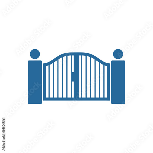 Blue metal gate with vertical bars and round finials on white background